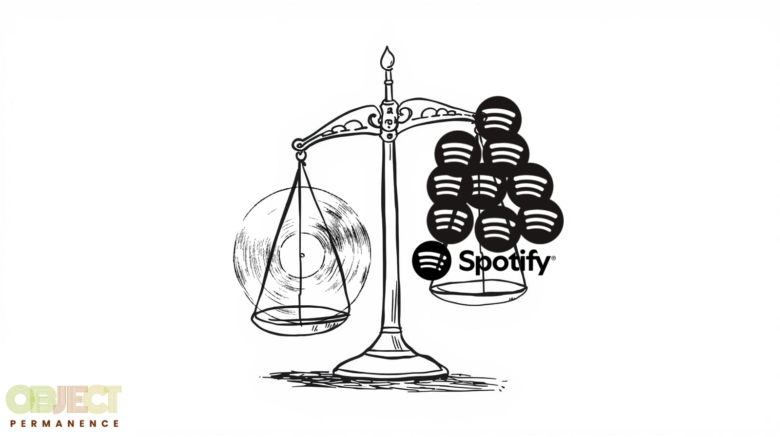 A scale with a vinyl album on the left weighing more than many Spotify logos representing the value of vinyl over streaming for artists.